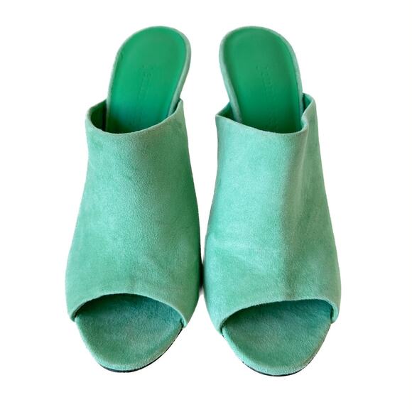 Jenni Kayne Green Suede Peep Toe Mule Heels Size 37 - Picture 3 of 14